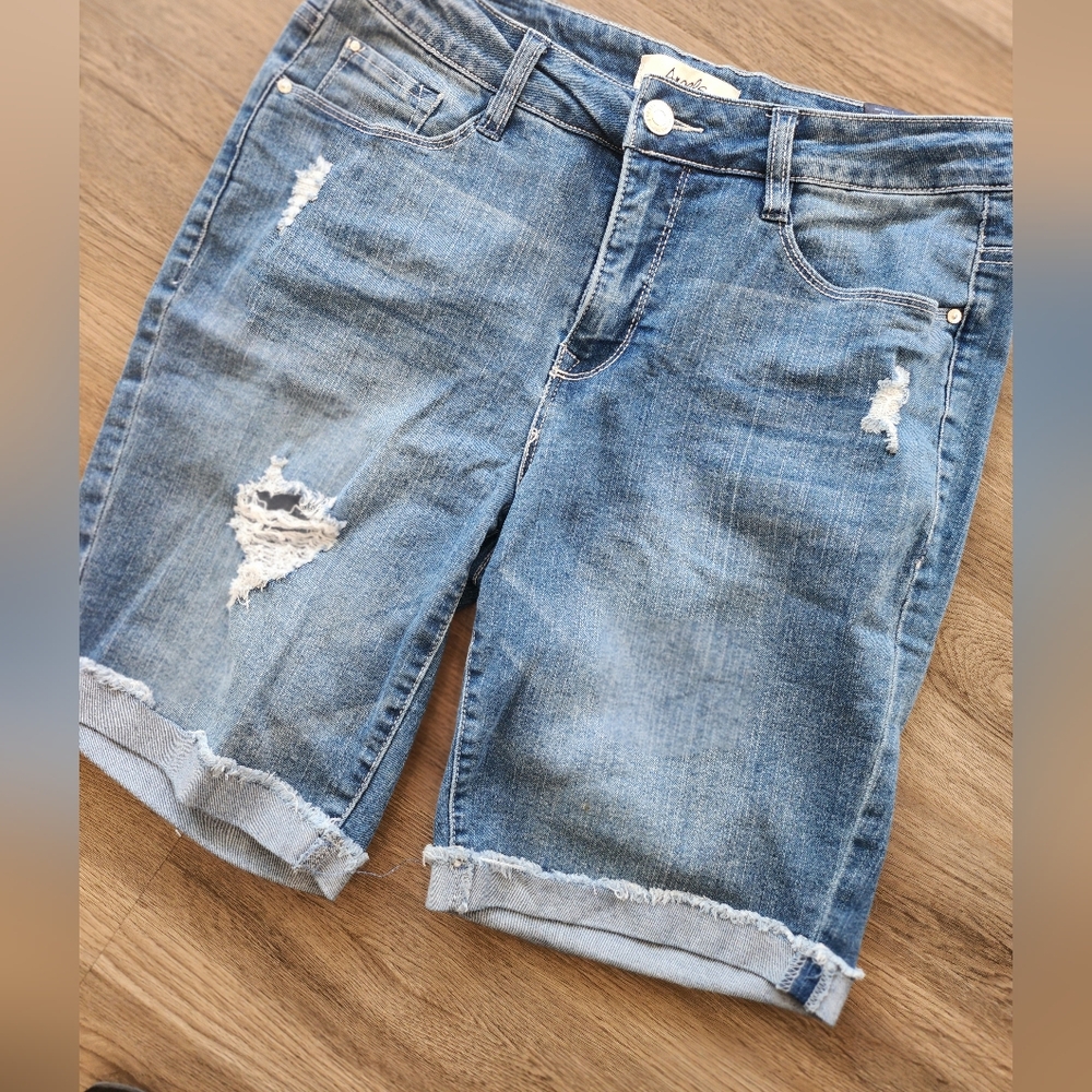 Angels Distressed Denim Stretchy Bermuda Jean Shorts